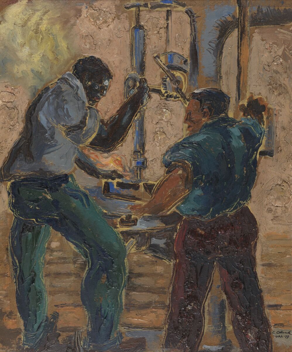 Claude Clark, Men and Drill Press, 1941. PAFA, Gift of Dr. Constance E. Clayton in loving memory of her mother Mrs. Williabell Clayton. Courtesy of Pennsylvania Academy of the Fine Arts, Philadelphia.