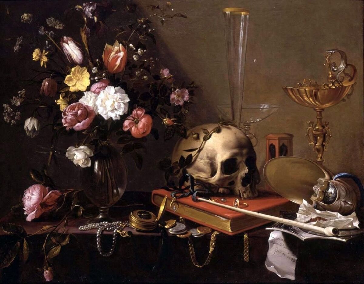 Adriaen van Utrecht, Vanitas - Still Life with Bouquet and Skull.