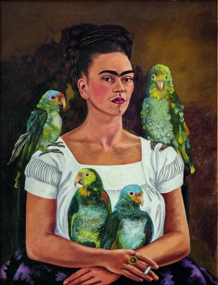 Frida Kahlo, Yo y mis loros, 1941. © 2020 Banco de México Diego Rivera Frida Kahlo Museums Trust, México, DF / Artists Rights Society (ARS), Nueva York.  Cortesía del Museo Whitney de Arte Americano.