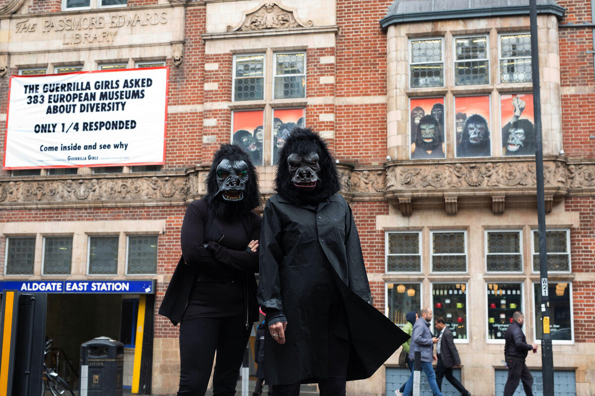 Street view of Guerrilla Girls, Is It Even Worse In Europe?, Whitechapel Gallery, 2016. © Guerrilla Girls. Photo by David Parry/PA Wire. Courtesy of the Guerrilla Girls.