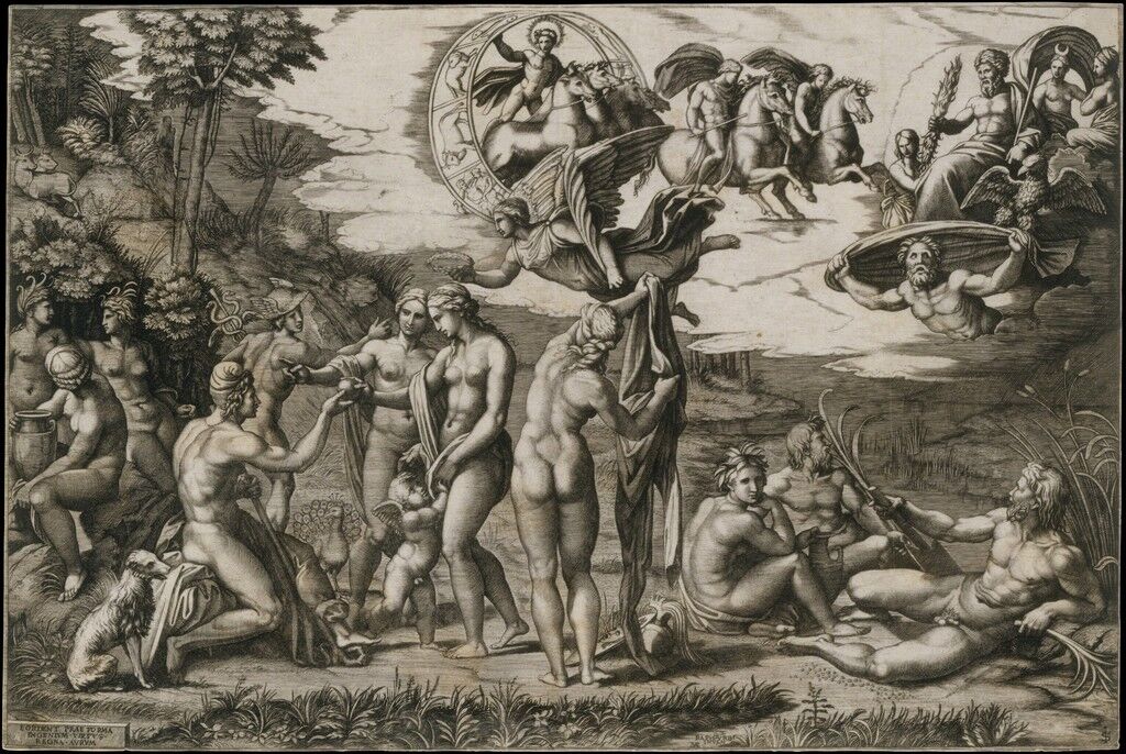 The Judgment of Paris; he is sitting at left with Venus, Juno and Pallas Athena, a winged victory above; in the upper section the Sun in his chariot preceeded by Castor and Pollux on horseback; at lower right two river gods and a naiad above whom Jupiter, an eagle, Ganymede, Diana and another Goddess