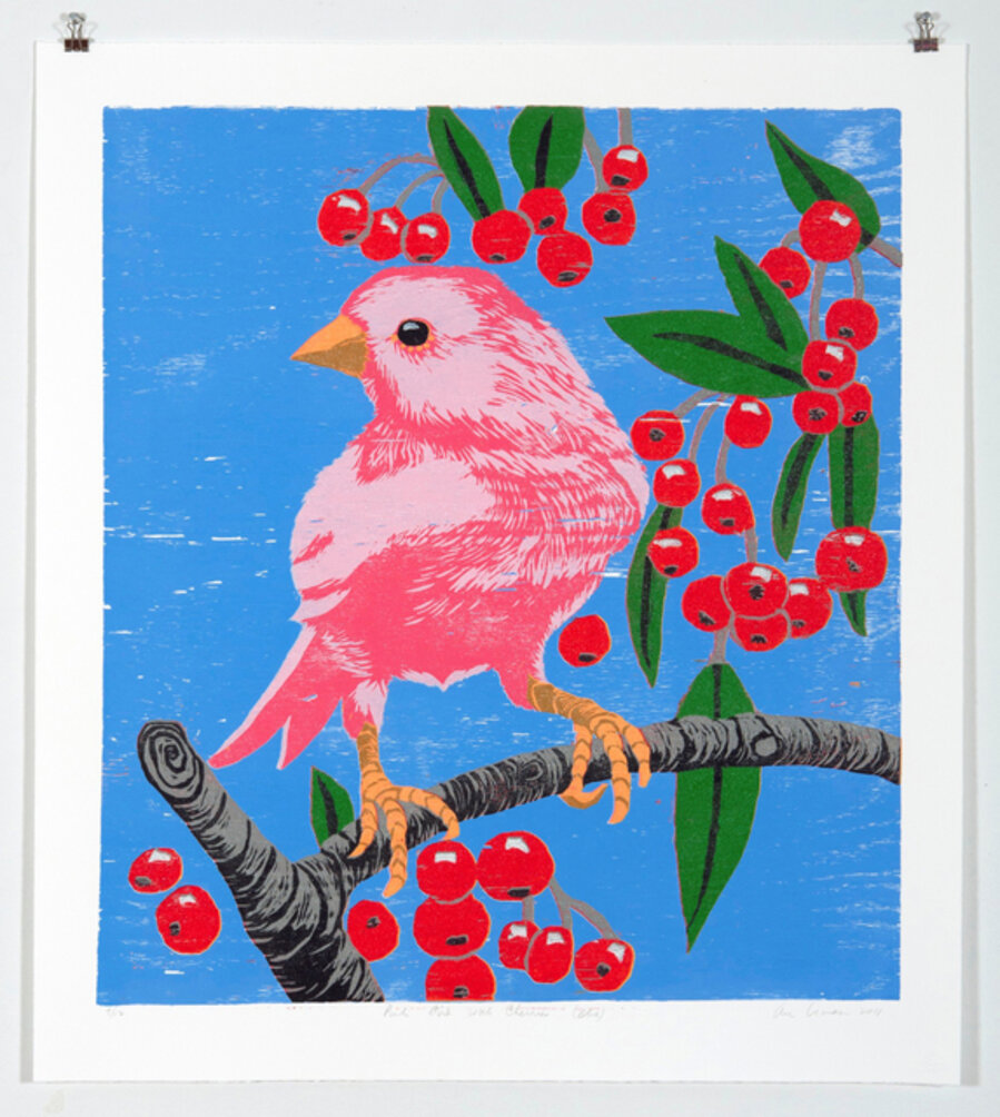 Pink Bird with Cherries (Blue)