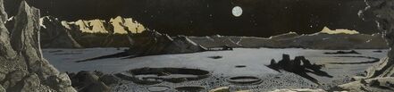 Chesley Knight Bonestell, ‘"THE MOON AS IT SHOULD HAVE BEEN". STUDY FOR "LUNAR LANDSCAPE", CA 1957, A 40 BY 10 FOOT MURAL COMMISSIONED FOR THE BOSTON SCIENCE MUSEUM'S HAYDEN PLANETARIUM, WHICH WAS UNVEILED ON MARCH 28, 1957’
