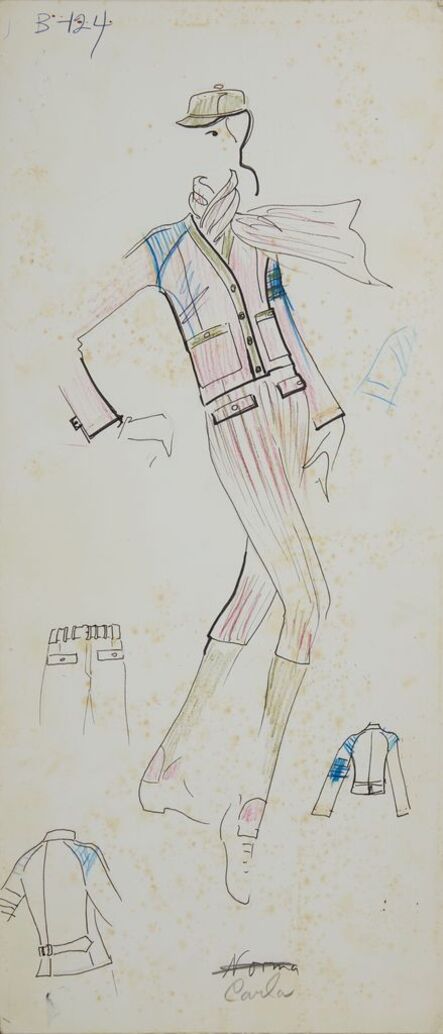 Karl Lagerfeld, ‘Karl Lagerfeld Original Fashion Sketch Colored Pencil Drawing B-124 Contemporary Art’, 1963-1969