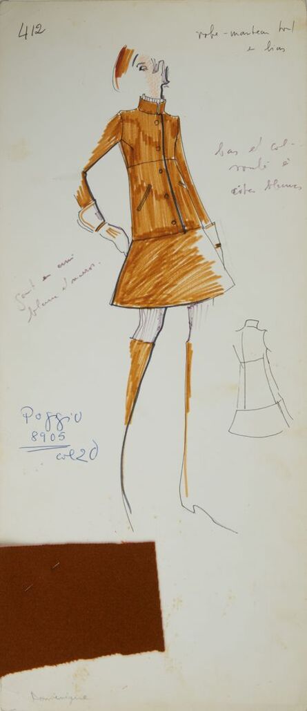 Karl Lagerfeld, ‘Karl Lagerfeld Original Fashion Sketch Ink Pen and Marker with Fabric Drawing 412 Contemporary Art’, ca. 1963 -1969