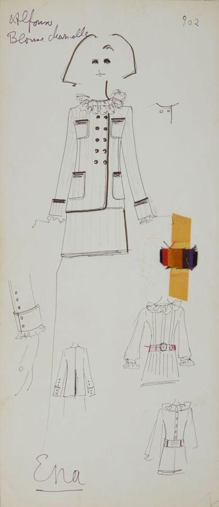 Karl Lagerfeld, ‘Karl Lagerfeld Original Fashion Sketch Ink Pen and Marker with Fabric Drawing 902 Ena Contemporary Art’, 1963-1969