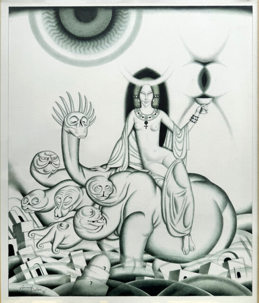 The Scarlet Woman of Babylon with Monster Art Deco Original Illustration