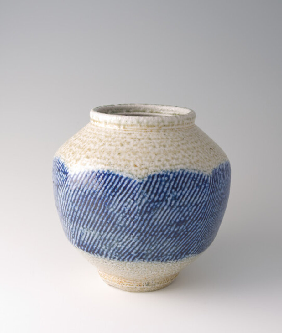 Jar, rope and slip inlay with cobalt blue salt glaze