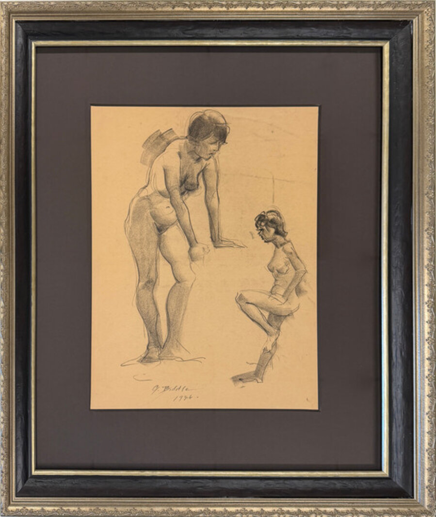 Untitled (two drawings of standing female nude, side view)