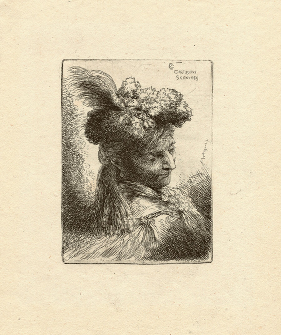 Young man wearing a fur headdress with a headband, facing right