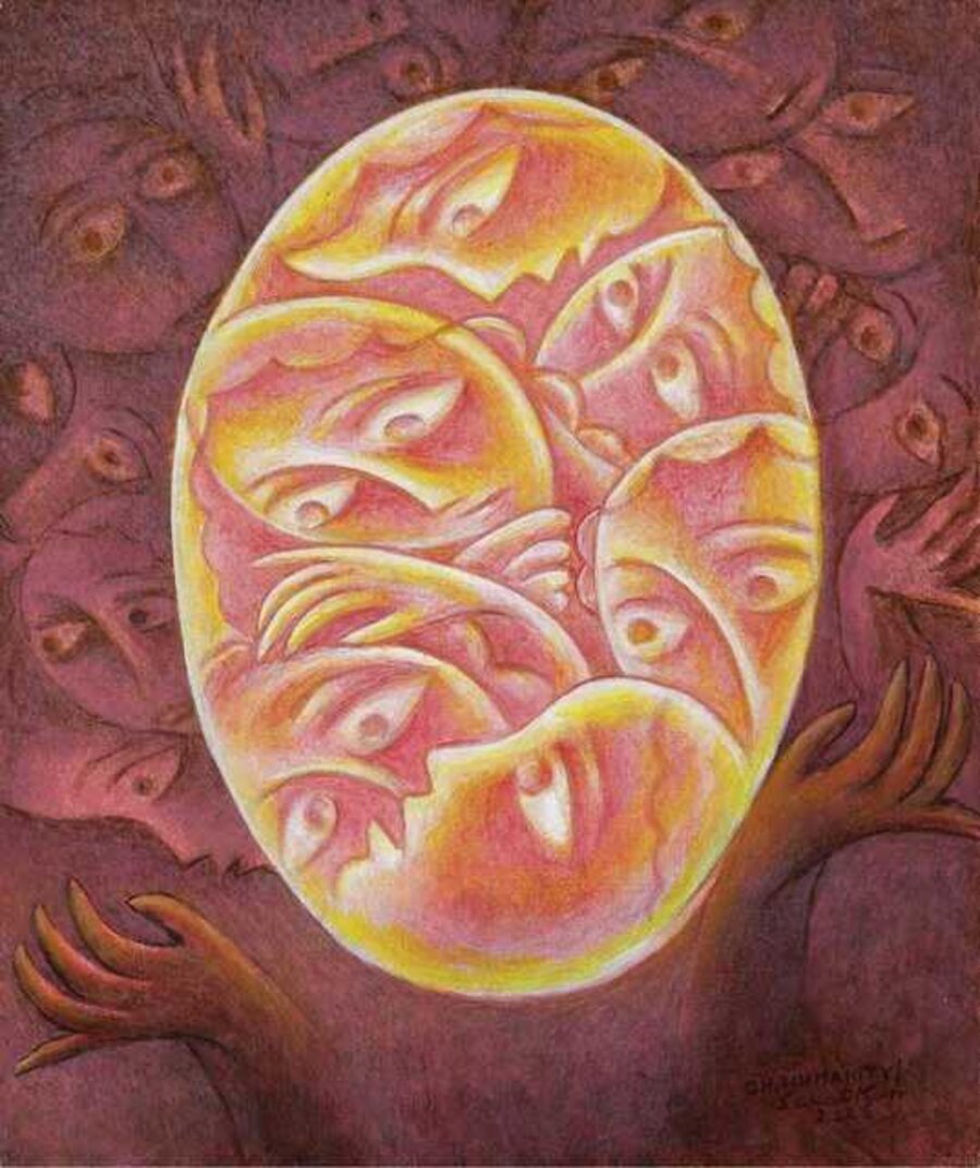 Oh Humanity, Tempera on Canvas Board by Modern Indian Artist “In Stock”