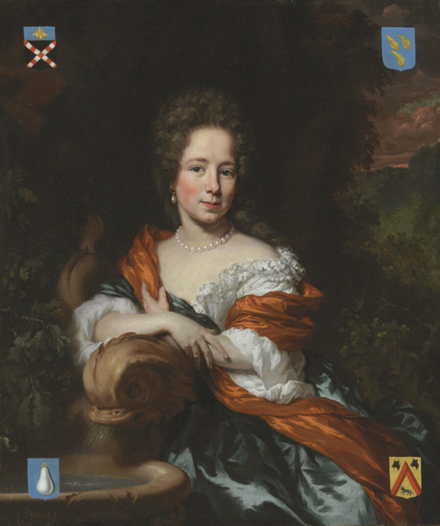 Portrait of Catrina Pels, three-quarter-length, in a red dress next to a fountain