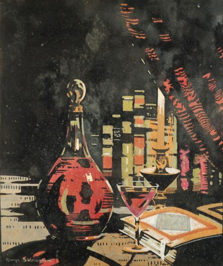 Still Life of Claret, glass and books