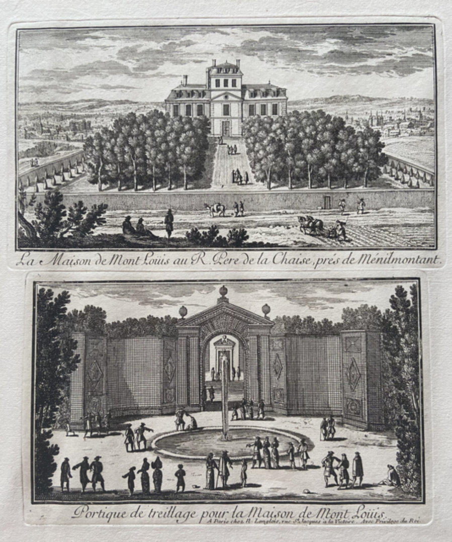 Veues Des Belles Maisons Des Environs De Paris: La Maison de Mont Louis au R. Pere de la Chaise, pres de Menilmontant and Portiquede treillage pour la Maison de Mont Louis