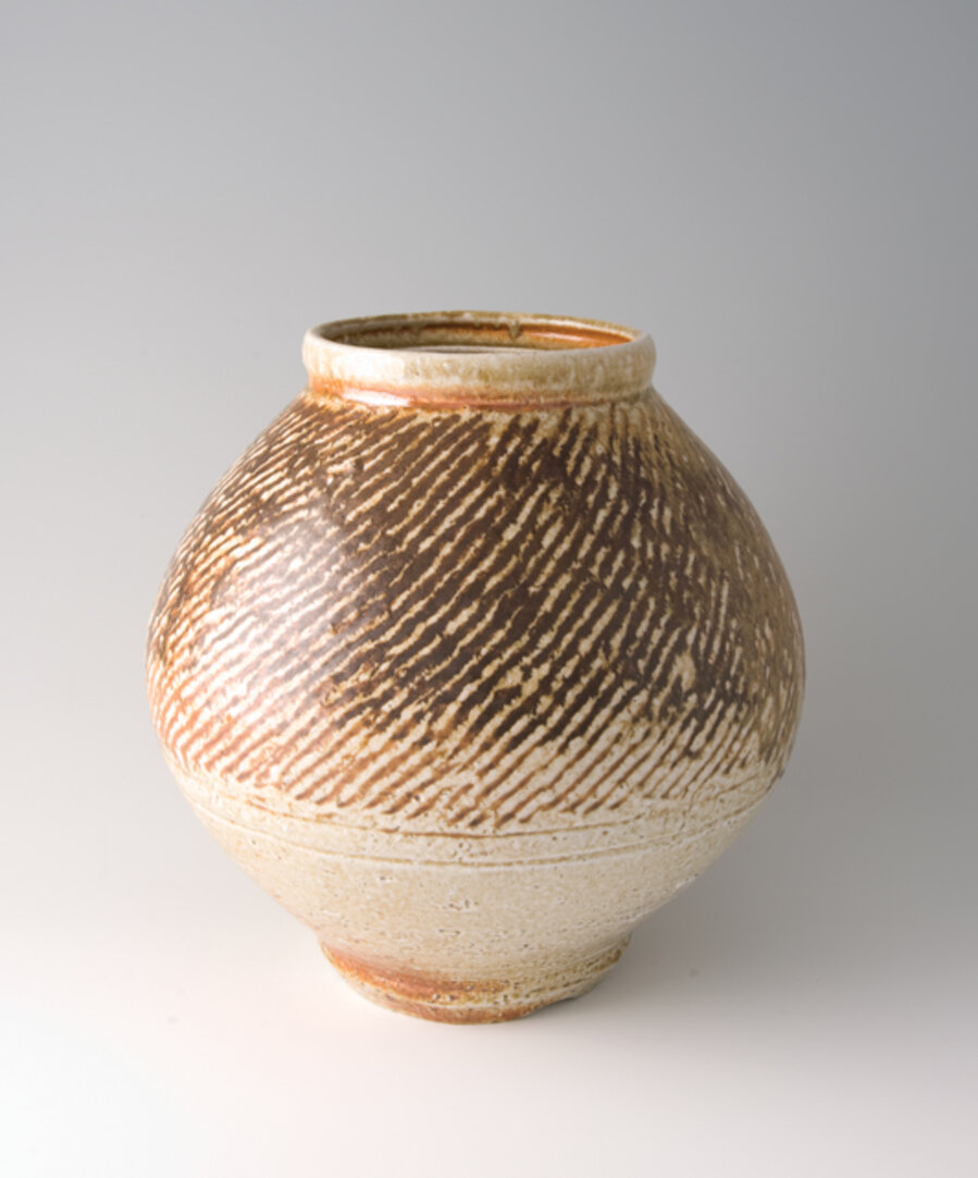 Jar, rope and slip inlay with natural ash glaze