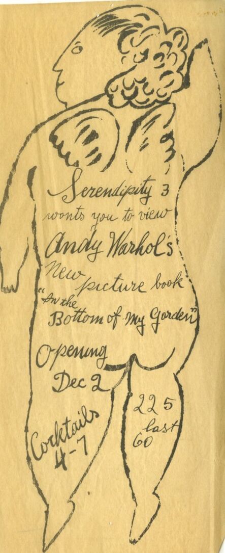Andy Warhol, ‘Extremely rare, early hand made invitation to book launch of "In the Bottom of My Garden" Serendipity 3’, ca. 1954