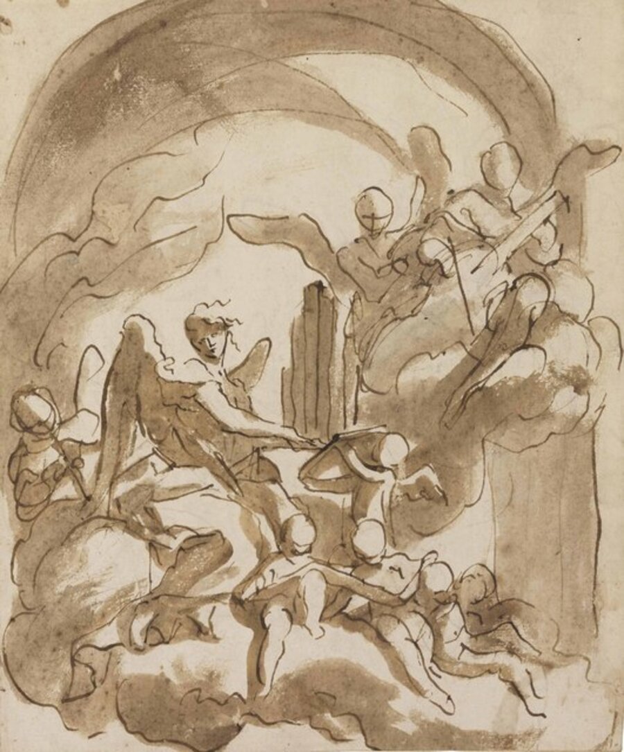 Angels and putti making music in the clouds