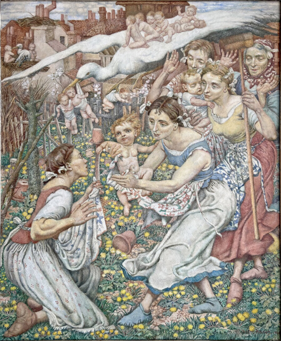 Pre-Raphaelite Style Painting Mothers Babies WWII - Female Illustrator