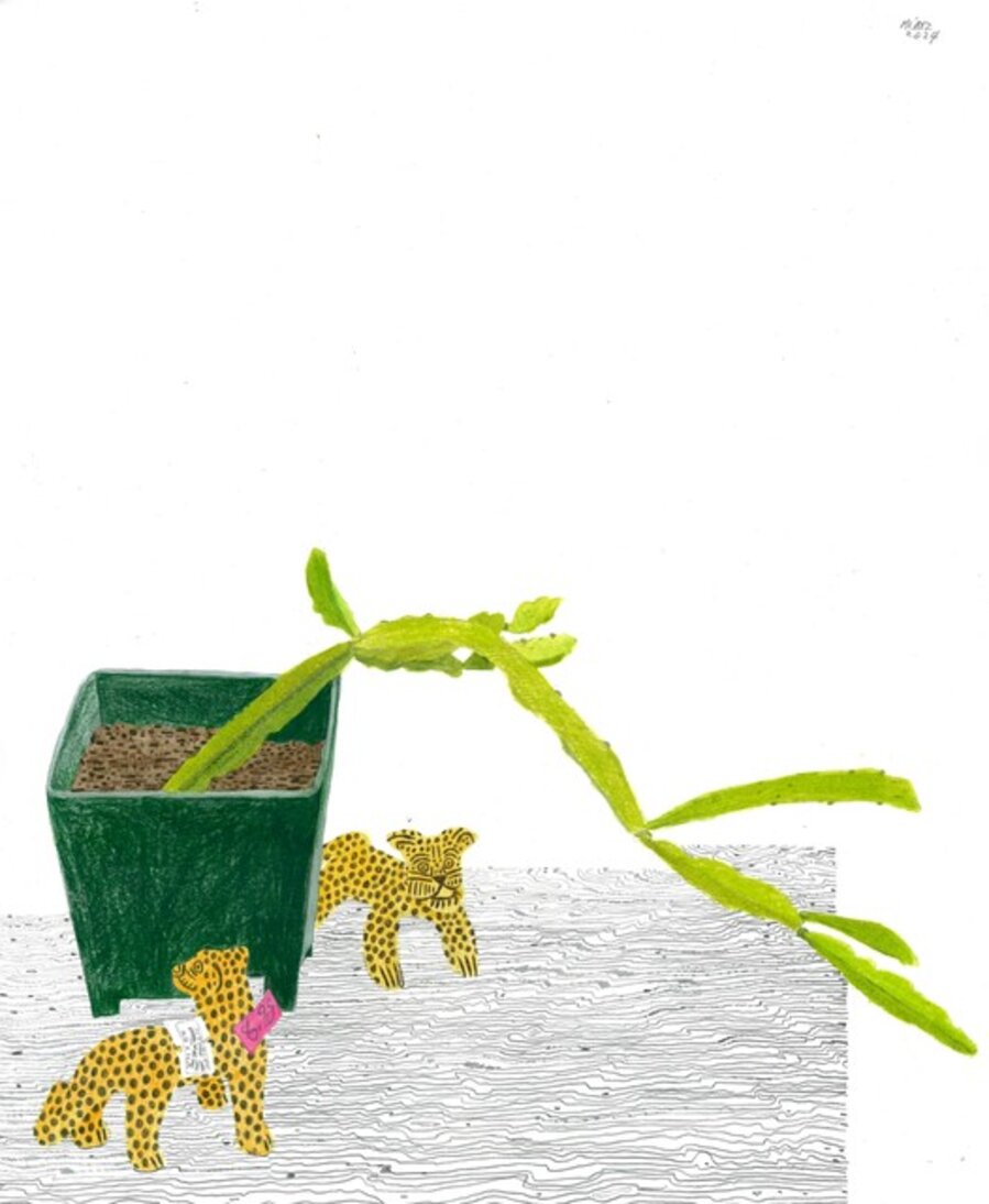 Two jaguar figures and a plant