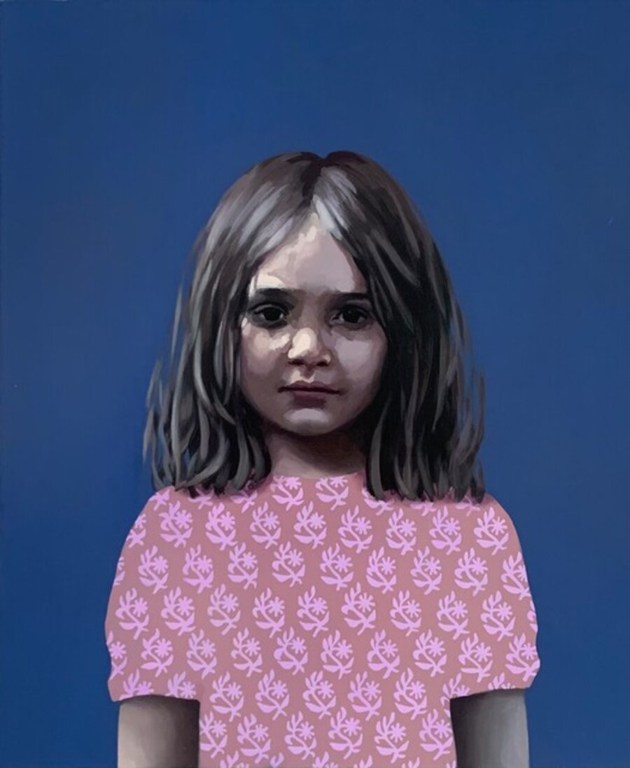Girl in purple dress, face in dappled light