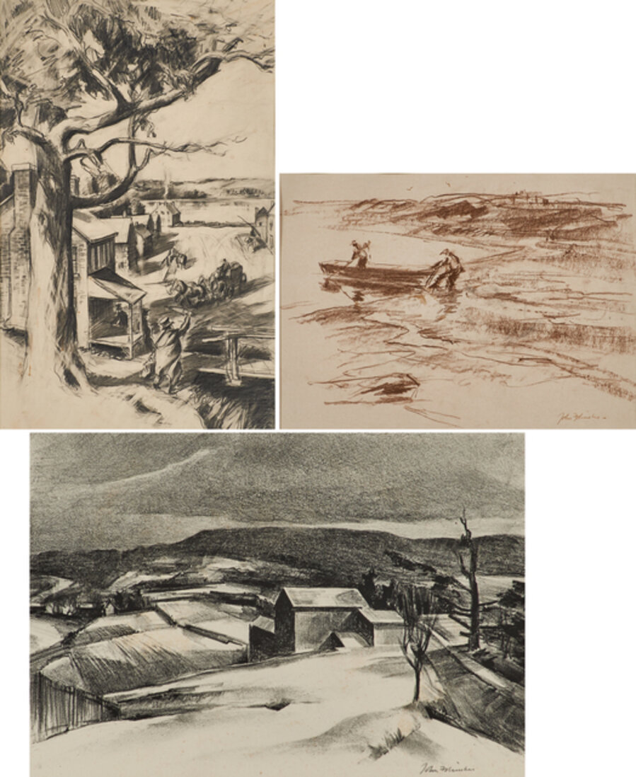Three works of art: Early Town (Study for Commission at the Federal Building, Paducah, Kentucky); Digging for Bait; Bucks County Farm