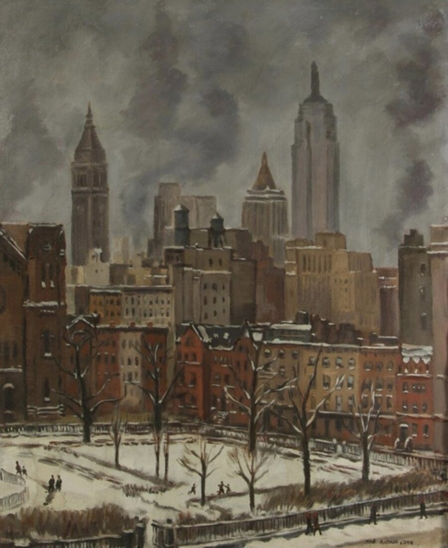 "Stuyvesant Park" NYC American Scene Mid 20th Century WPA Realism Cityscape Modern