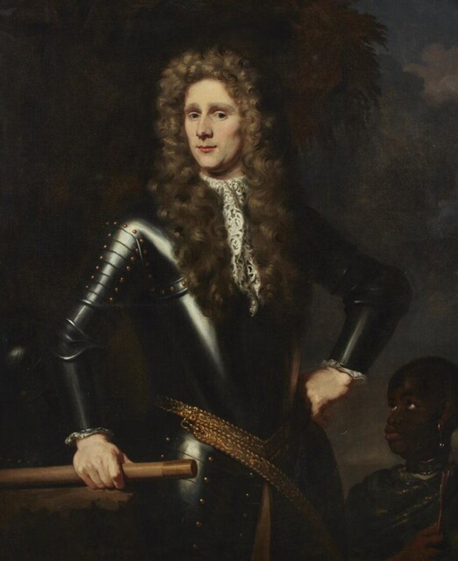 PORTRAIT OF COLONEL RUPERT BRIDGE IN ARMOUR, WITH A BLACK PAGEBOY