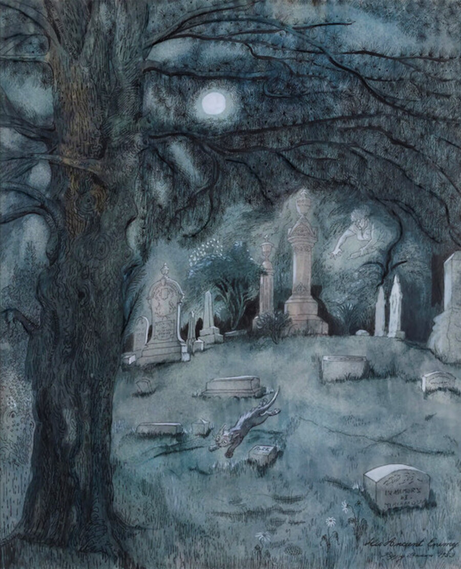 Cat Running at Night through Graveyard Original Art Female Illustrator
