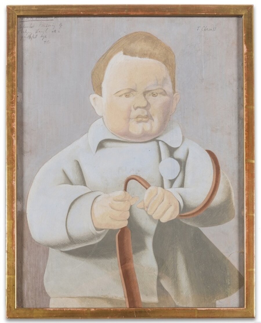 Caricature portrait of Evelyn Waugh as a child, wearing a pale blue coat