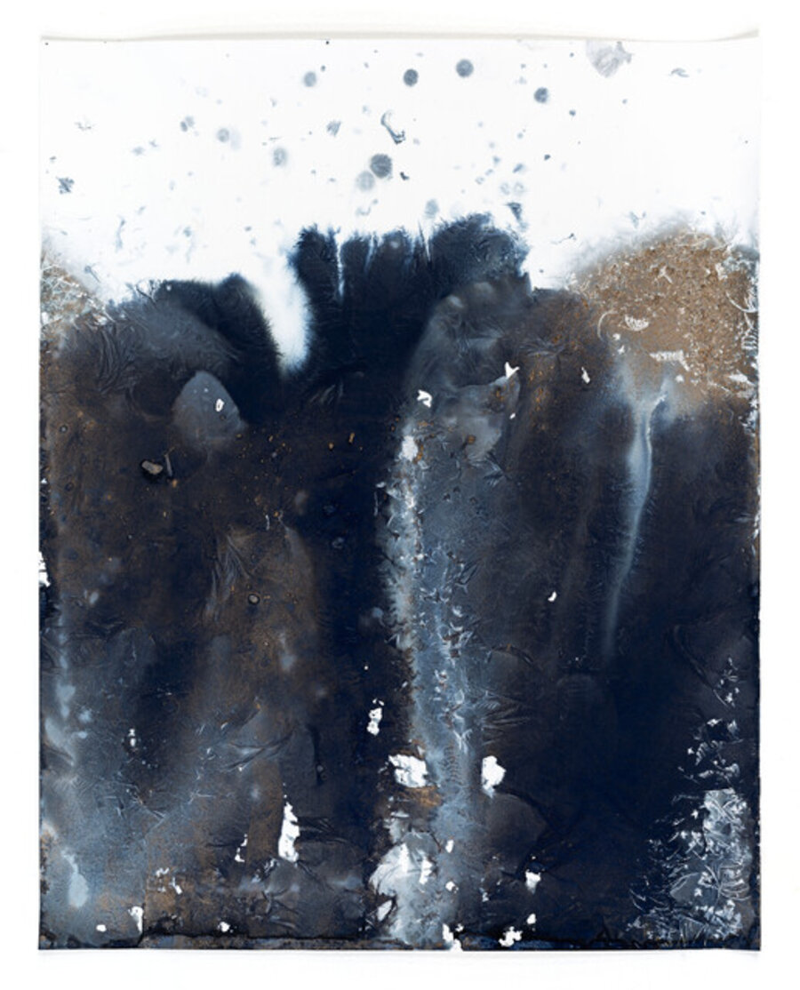 Day 390.18: mushroom ink + Prussian Blue pigment + Rich Passage waves + mica + freezing and thawing