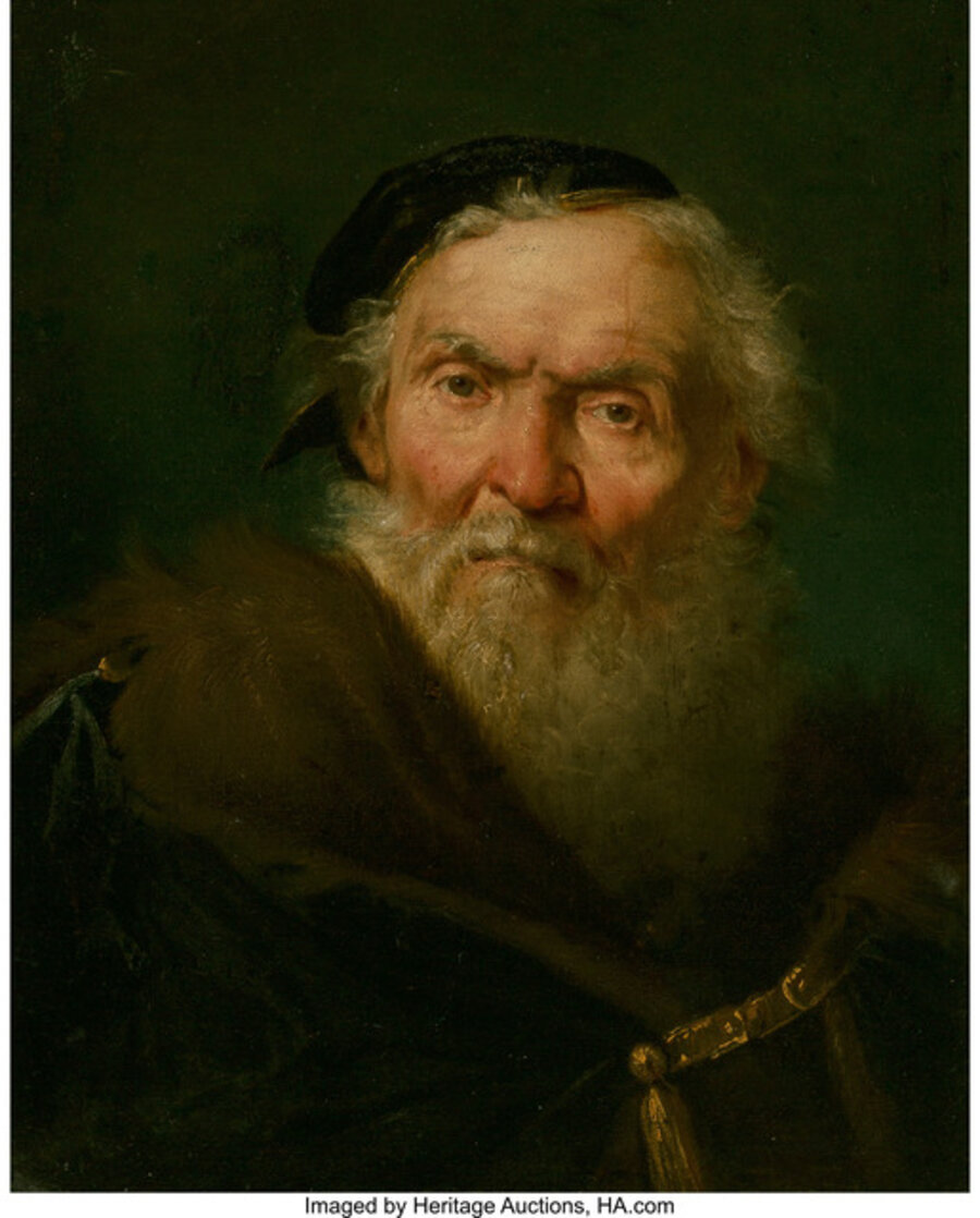 Bearded old man wearing a fur-trimmed cloak with gold clasp
