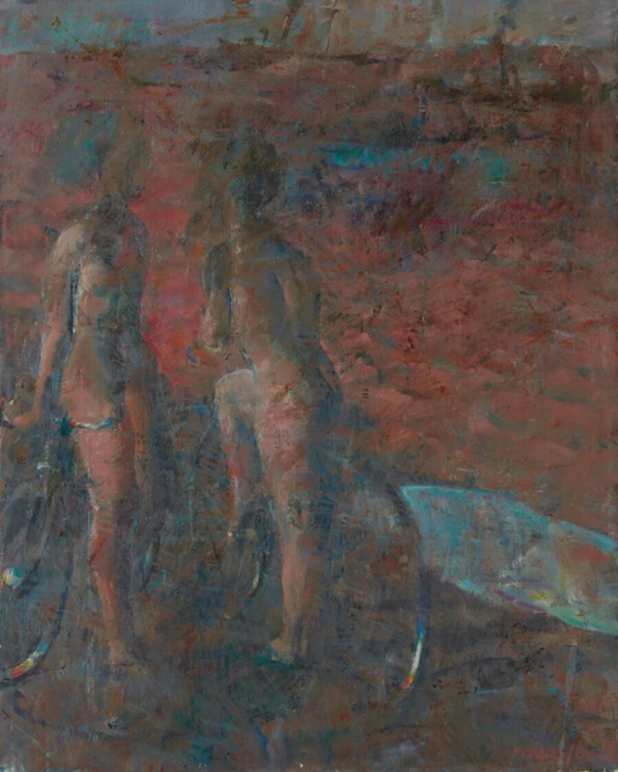 Paysage: Deux nus, bicyclettes, trois bateaux au fond