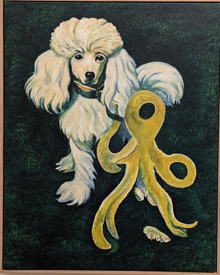 A Green Painting of a White Poodle Playing with a Yellow Octopus IX