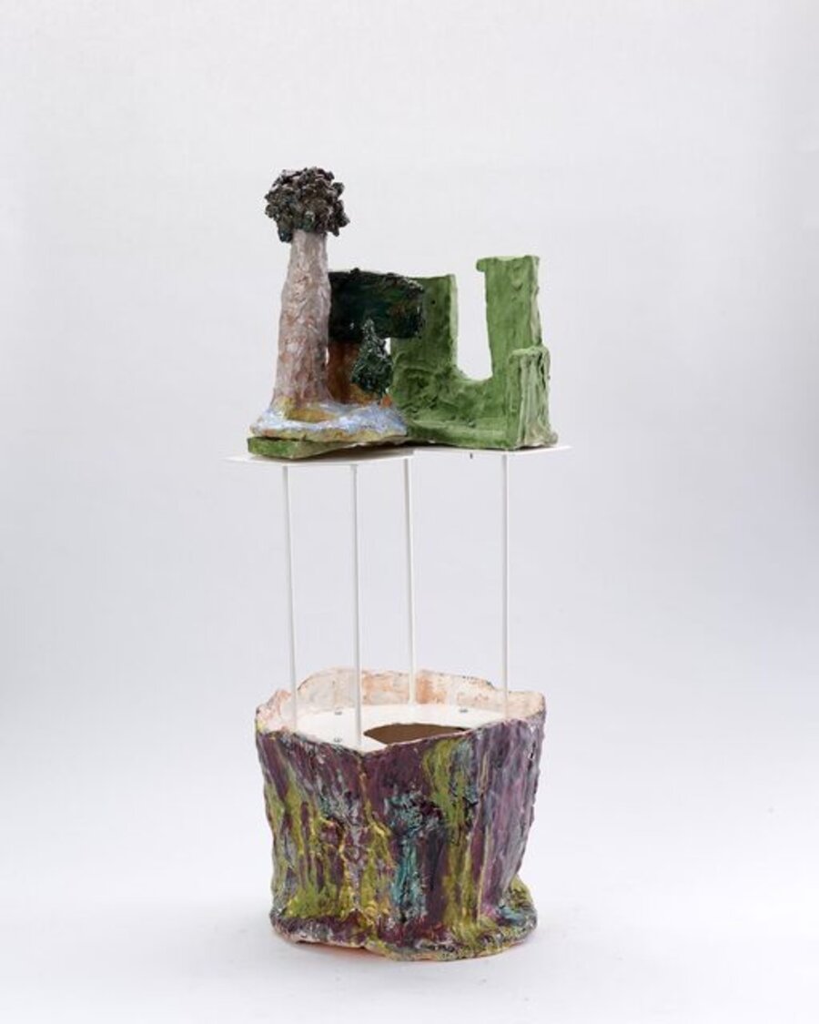 Untitled (three trees on a redwood log stump)