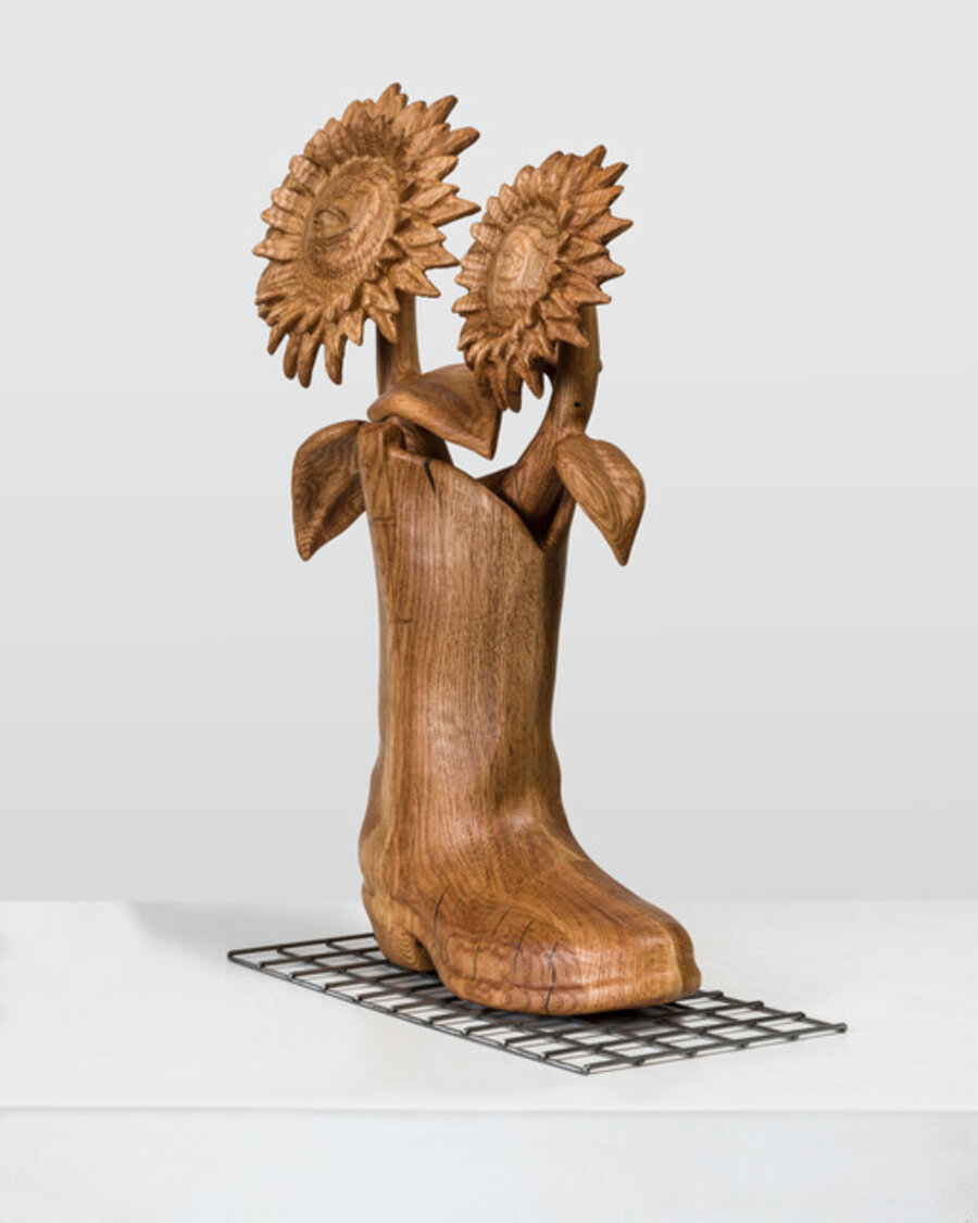 Plant Life: Two Sunflowers in Cowboy Boot in Oak