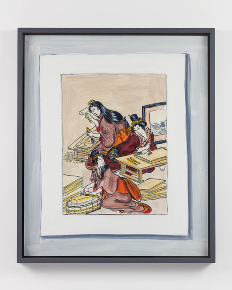 Making (after “Women engaged in producing colour woodblock prints”, central sheet of triptych colour woodblock print circa 1803 by Utamaro Kitagawa)