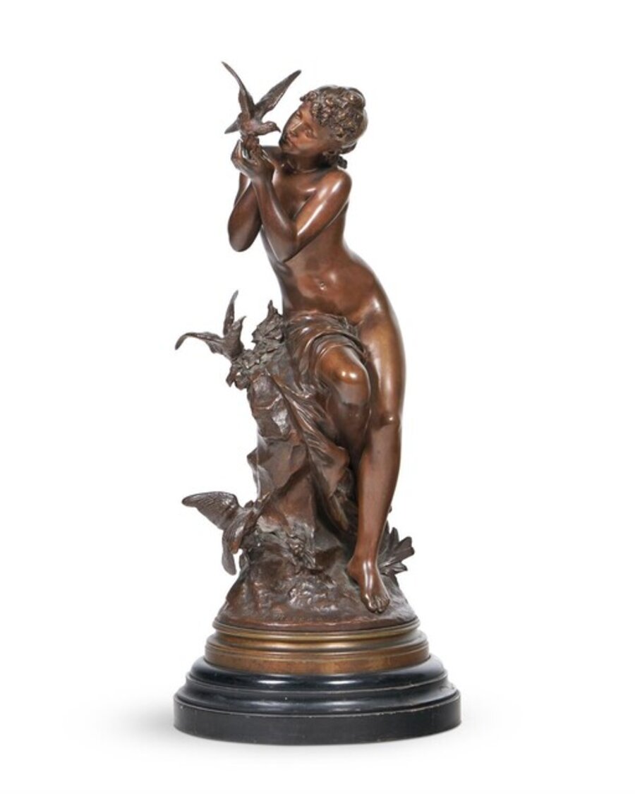 A BRONZE FIGURAL GROUP OF A YOUNG WOMAN AND BIRD SUSSE FOUNDRY CAST, MID/LATE 19TH CENTURY