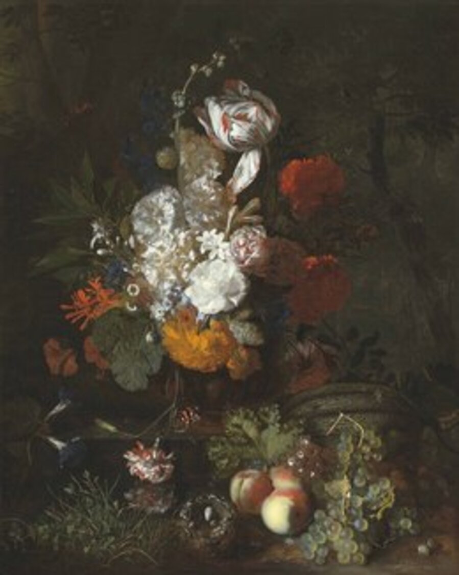 A still life with flowers and fruits with a bird's nest and eggs