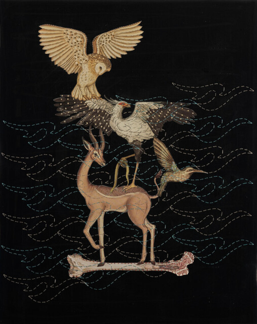 The Wise Owl (Human bone, deer, owl, humming bird)