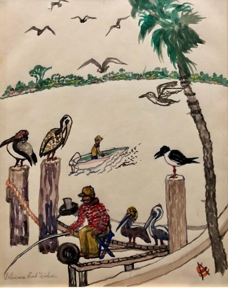 Pelicans and Fisherman Watercolor Painting Chicago WPA Artist