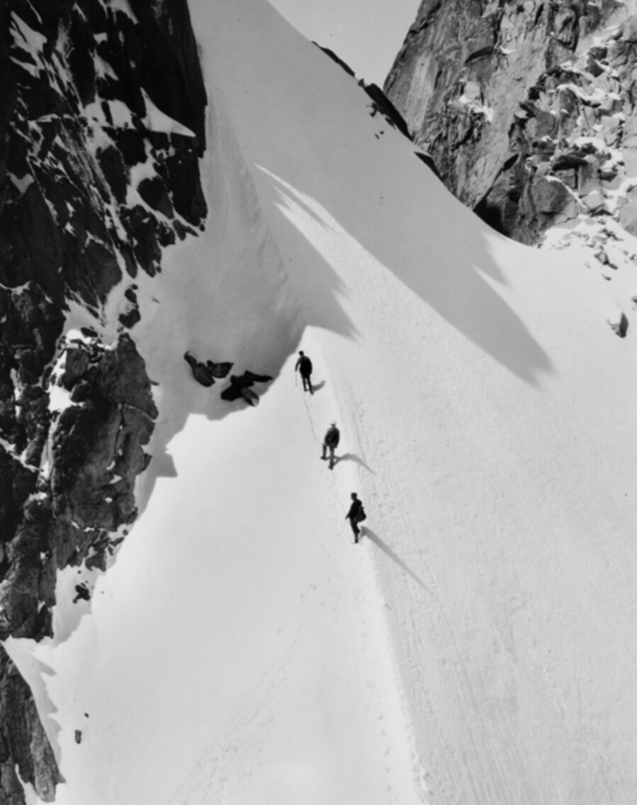 Aiguille de Blaitière, Chamonix. Bradford Washburn in ctr. Photo was conceived and composed by Bradford Washburn