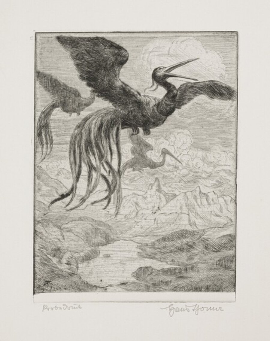Miraculous Bird I Flying over a Rhine Valley (Wundervögel I mit Rigilandschaft)