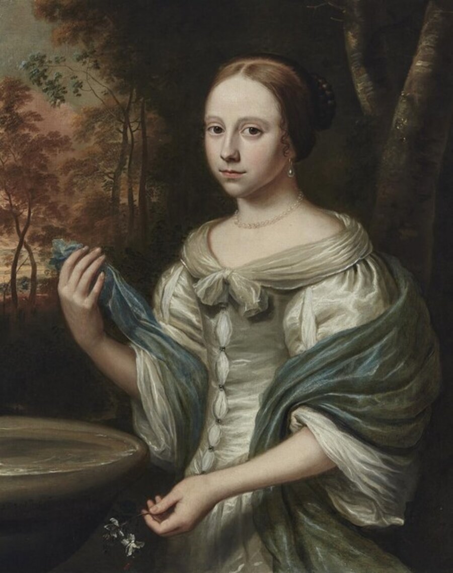 PORTRAIT OF A YOUNG WOMAN IN WHITE DRESS AND GREEN SHAWL