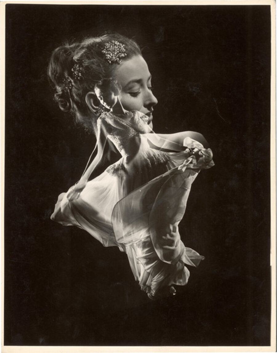 Double Exposure, Model with Swirling Evening Dress over Close up of Her Head with Faux Jewel Hair