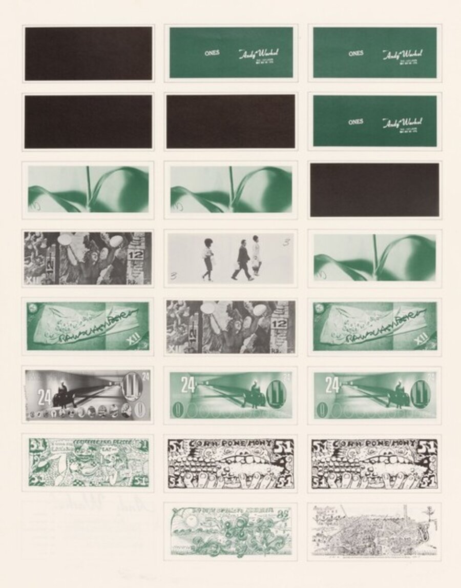 ART CASH (two sided signed work by Andy Warhol, Robert Whitman, Robert Rauschenberg, Red Grooms, Marisol, Tom Gormley.)