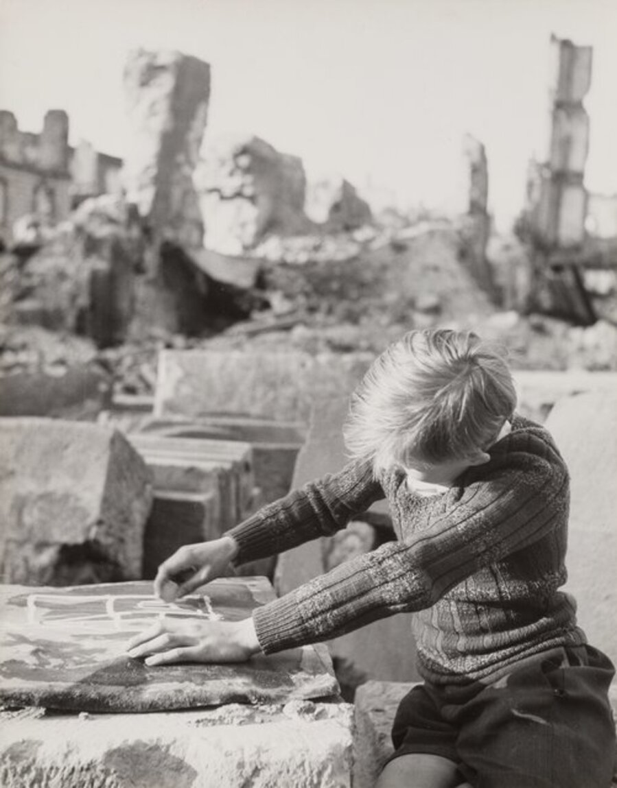 Boy Drawing in the Ruins, Freiburg, Germany, June