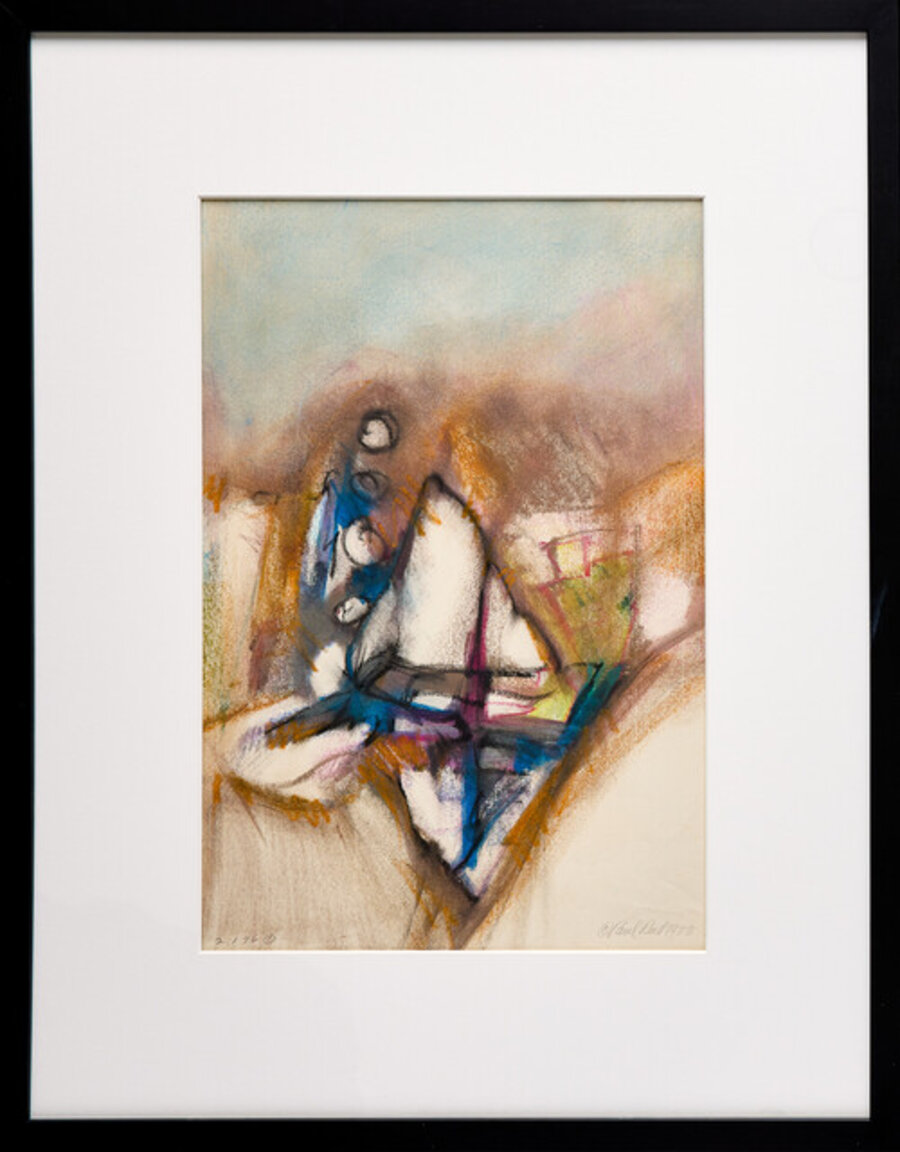 Framed Abstract Oil Pastel by Paul Reed with Earthy Tones and Browns, Oranges, Blues
