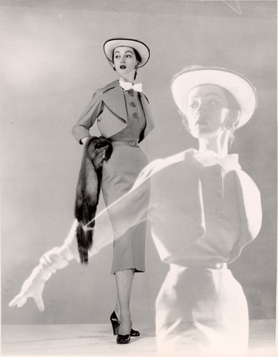 Double Exposure, Model Spring Dress, Hat with Veil, Carrying Fur Scarf