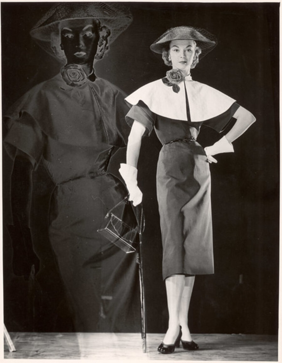 Positive and Negative Image of Model with Black Dress with Cape Collar, Veiled Straw Hat, Carrying Handbag and Umbrella