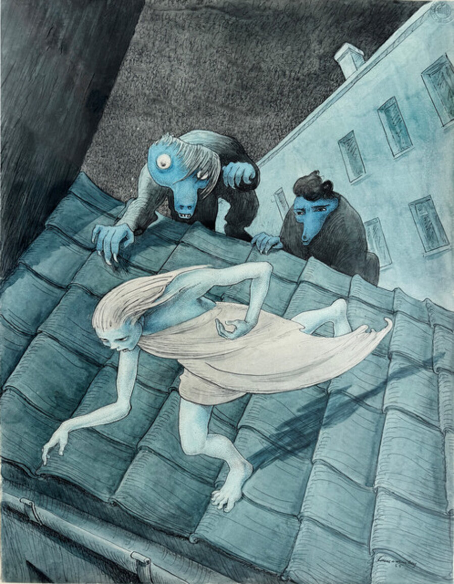 Escaping Eerie Monsters on the Roof at Night - Macabre Fantasy